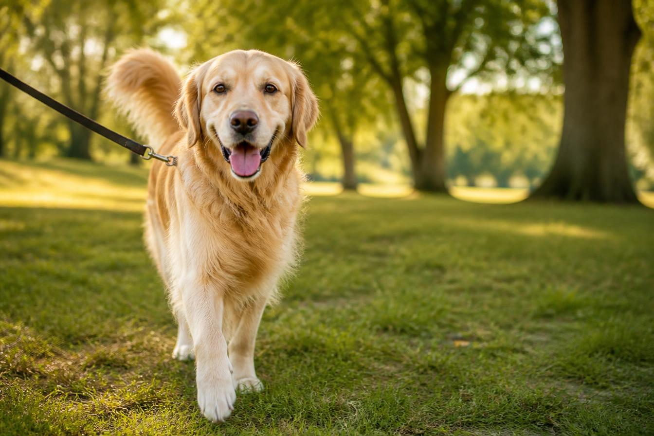 A happy golden retriever being walked in a sunny Norwich park